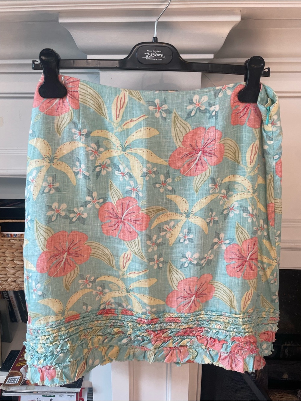 Tommy Bahama Linen Skirt with Ruffle hem. Aqua Floral with Coral Flowers. - Picture 1 of 5